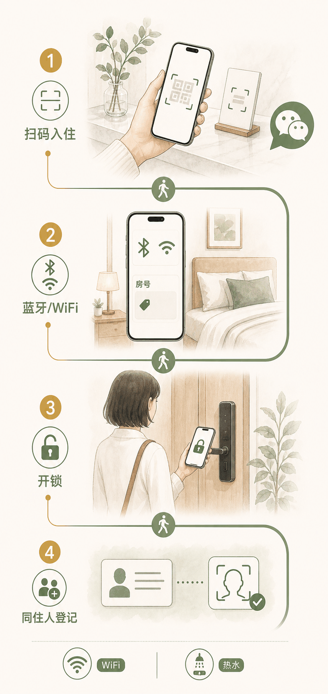洄游民宿入住流程插画,展示扫码入住、打开蓝牙和WiFi、查看房号、开锁、同住人登记、WiFi和热水提醒